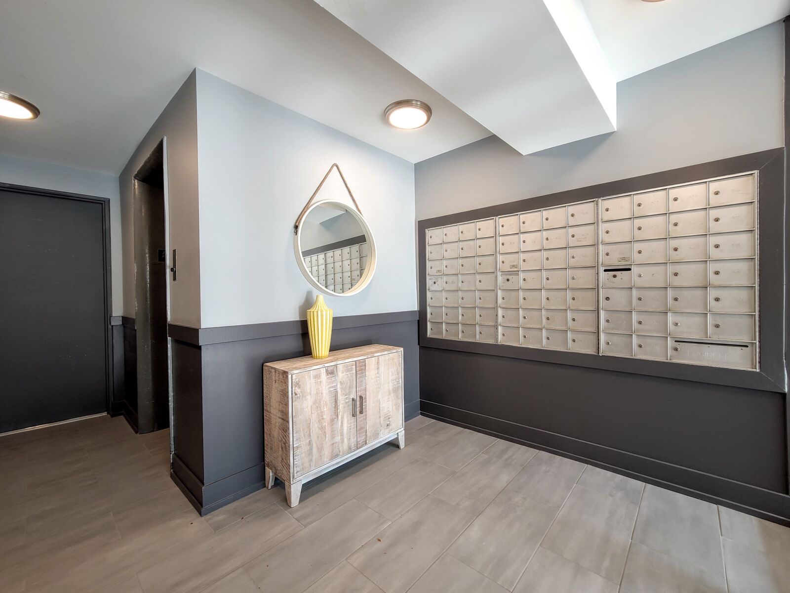 Another view of the mailroom area at 530 W. Surf in Chicago’s Lakeview neighborhood, highlighting...