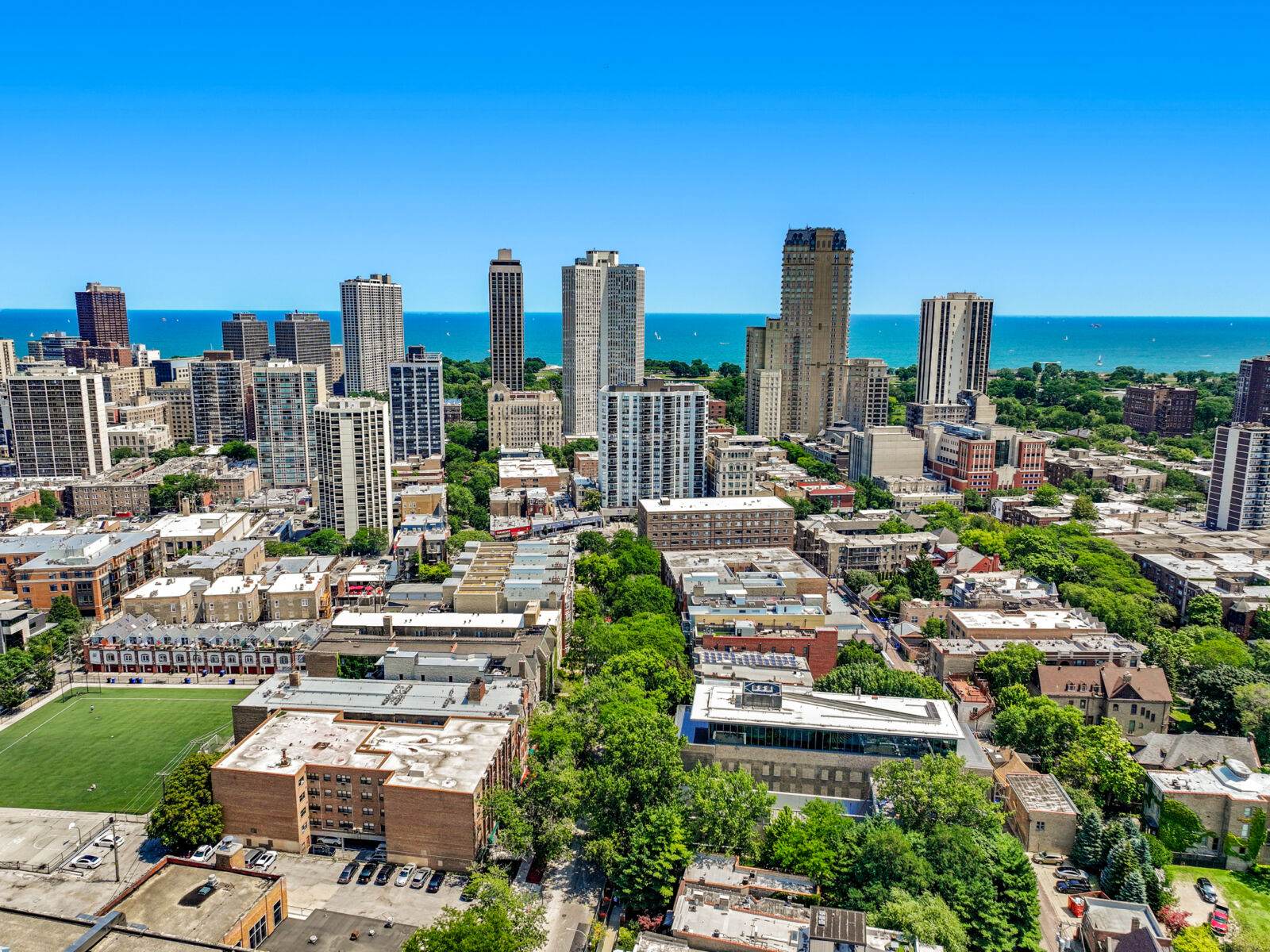 Aerial view looking northeast from Lincoln Park, with 656 W Wrightwood in the lower left and Lake...