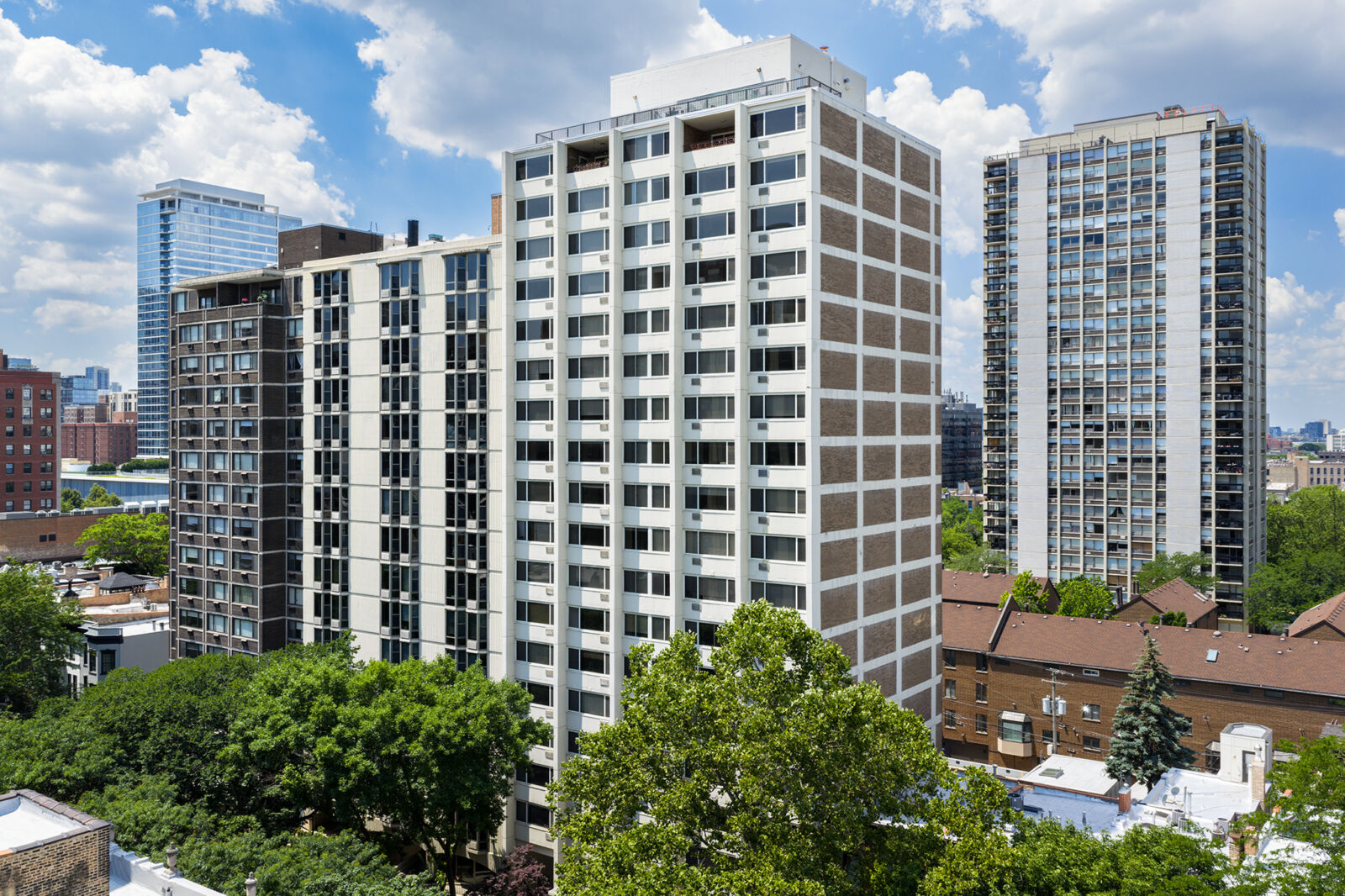 High-rise apartment building with a white grid facade at 1344 N Dearborn Parkway in Chicago’s Gol...