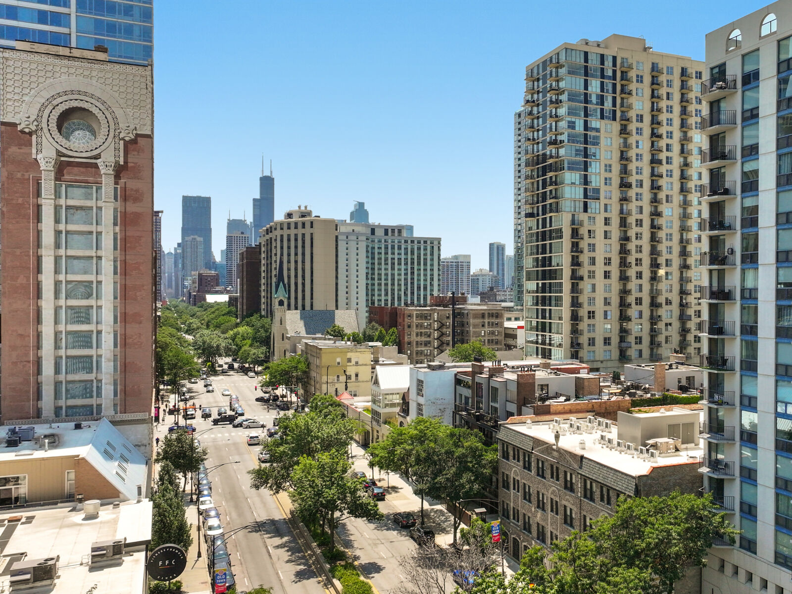 Aerial view looking south down North LaSalle Drive toward downtown Chicago, with the Willis Tower...